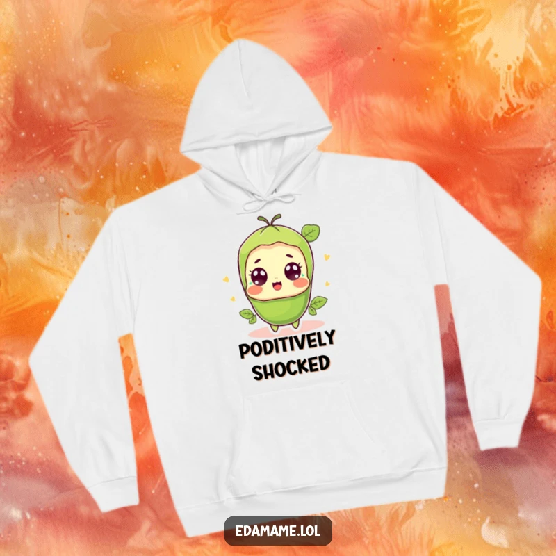 Funny surprised edamame pod hoodie, featuring a shocked yet happy green bean character with big, wide eyes.