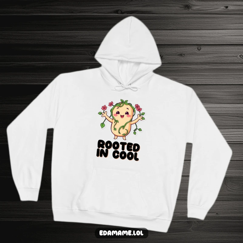 Funny hoodie featuring a cheerful bean character with vine arms waving, offering comfort and a touch of botanical humor.