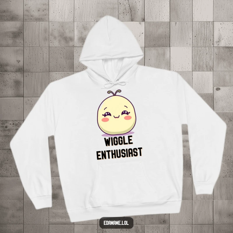 Funny hoodie with a happy bean pod with wide eyes wiggling, offering warmth and humor.