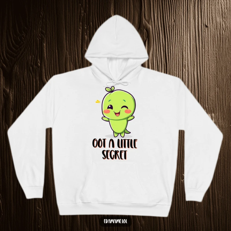 Funny hoodie with a cheerful edamame bean character giving a playful wink, offering cozy comfort and a hint of delightful mischief.