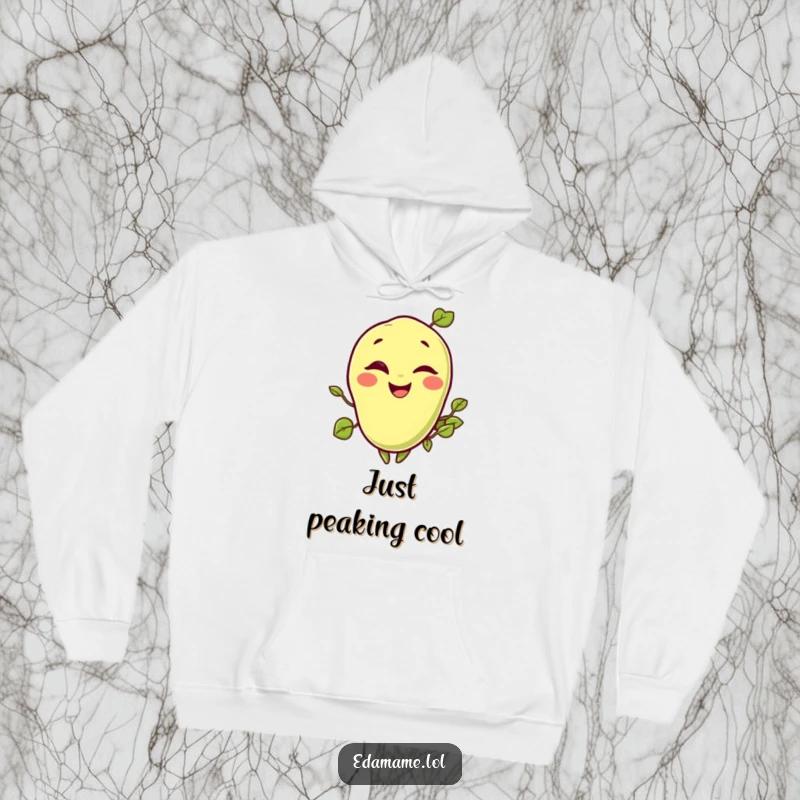Funny hoodie showcasing a delightful edamame bean in a playful wink, designed for ultimate comfort and smiles.