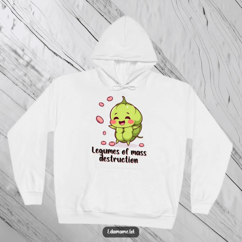 Funny edamame pod hoodie artfully juggling smaller beans, designed for ultimate comfort and a dose of humor.