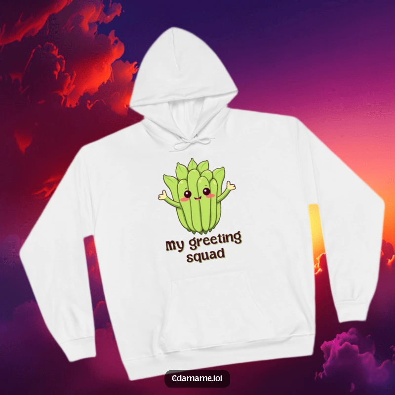 Funny hoodie with a cheerful edamame cluster waving, offering warmth and humor.