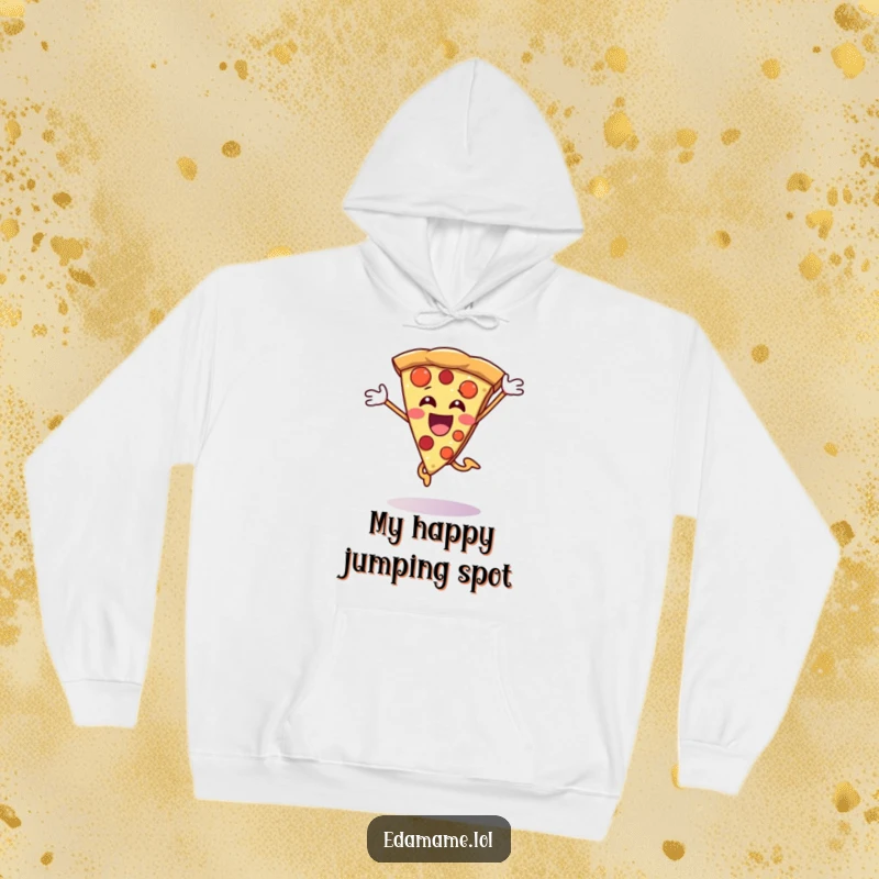 Funny Pizza Slice Hoodie design of a happy character jumping with excitement, perfect for casual wear and funny gifts.