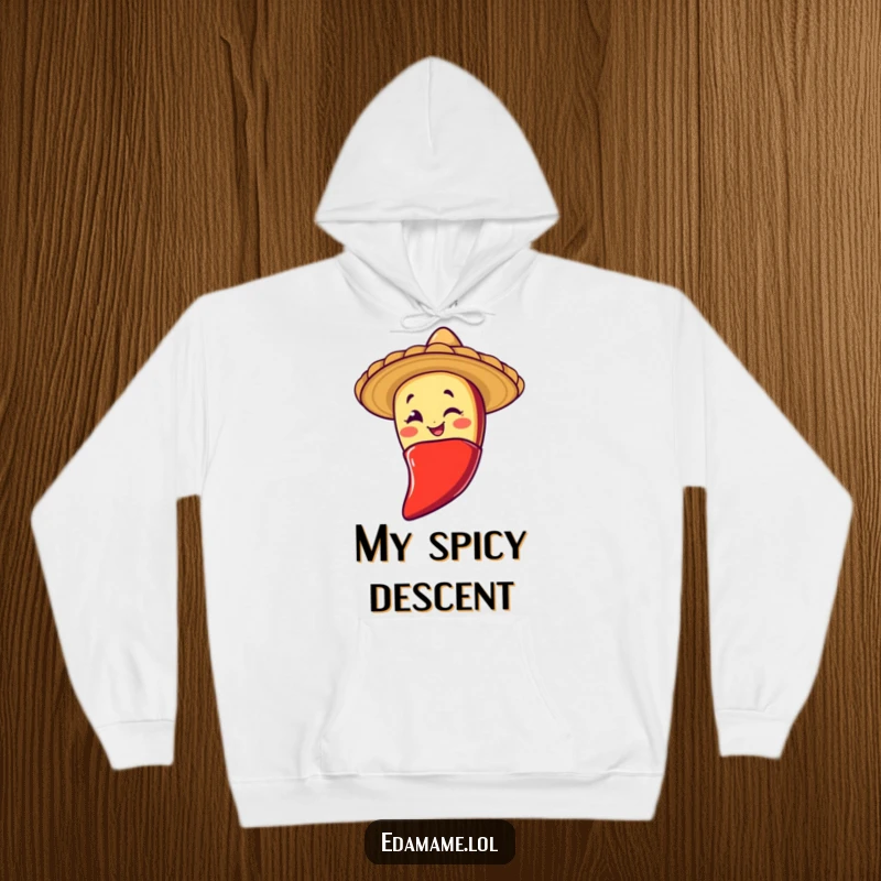 Funny hoodie showcasing a winking taco character in a sombrero sliding down a chili pepper, offering warmth and a dose of spicy humor.
