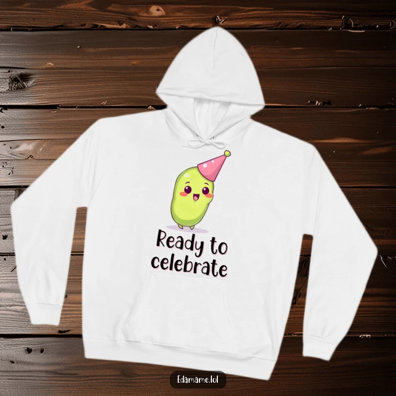 Funny hoodie featuring an excited anthropomorphic edamame pod wearing a tiny party hat, ready for any celebration.