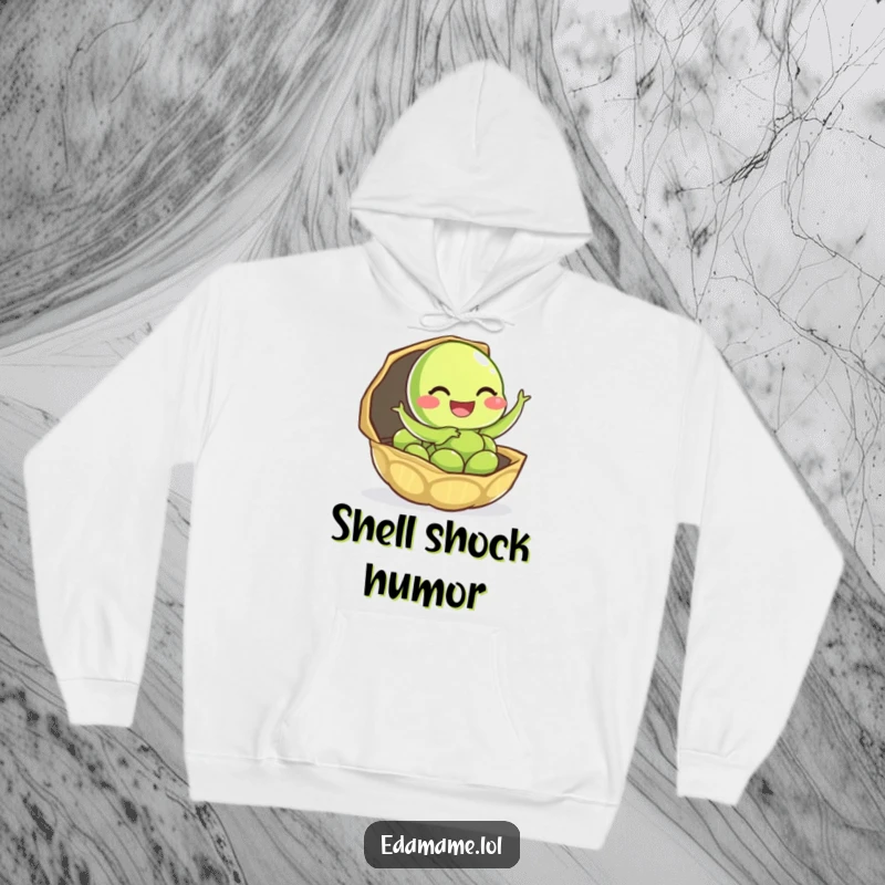 Funny edamame hoodie featuring a giggling character bursting free from its shell, symbolizing joyful liberation.