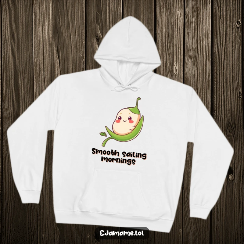 Funny bean pod character smiling as it slides down a stalk, printed on a warm hoodie.