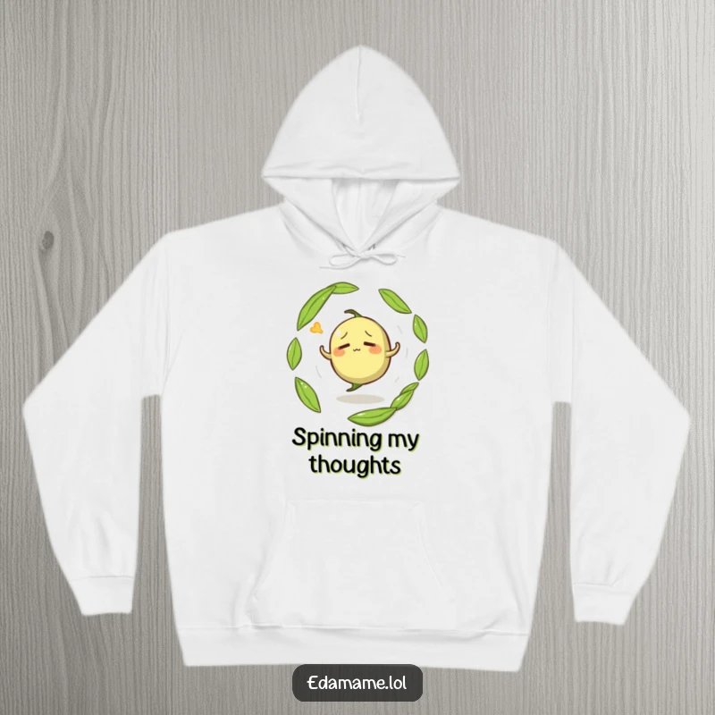 Funny hoodie featuring a confused anthropomorphic edamame pod spinning aimlessly, offering warmth and a humorous visual.