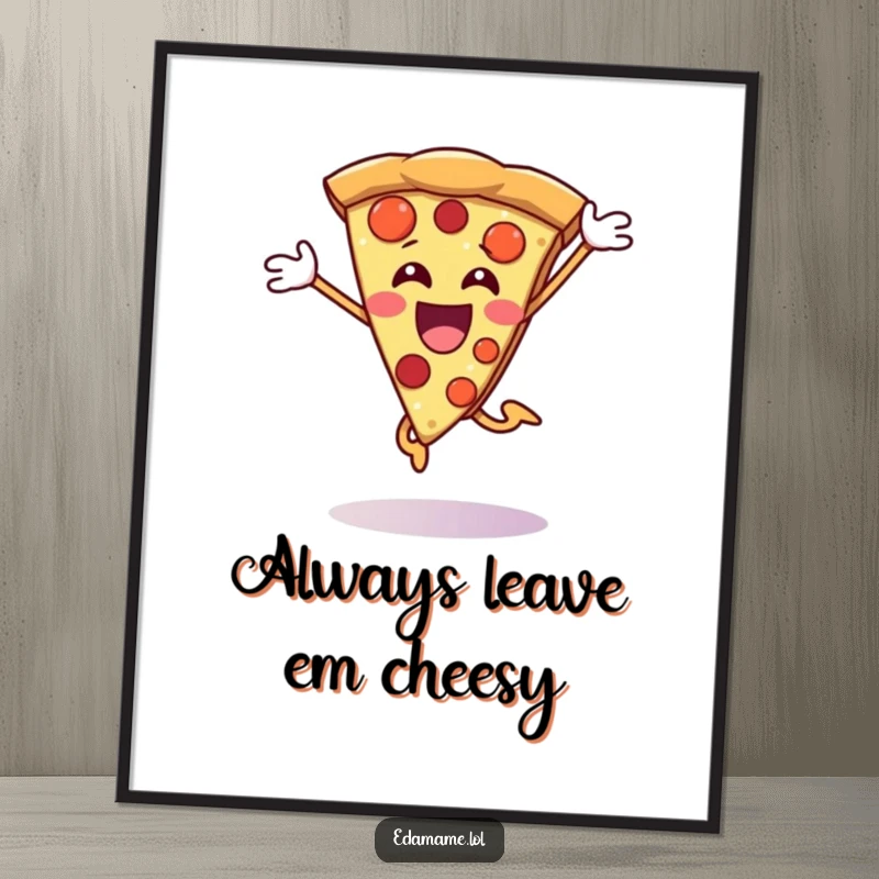 Free printable wall art of a happy pizza slice character joyfully jumping, perfect for kitchens or dining areas.