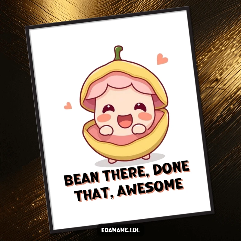 Funny Free Printable Wall Art of a happy green bean pod joyfully splitting open with excitement.