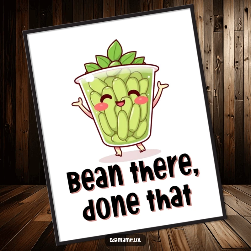 Funny free printable wall art of a smiling edamame cup in a lively, cheerful dance pose.