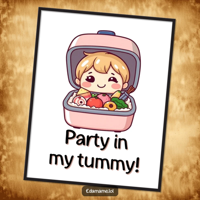 Funny Free Printable Bento Box Wall Art, smiling character revealing tiny smiling food, whimsical kitchen decor, downloadable.