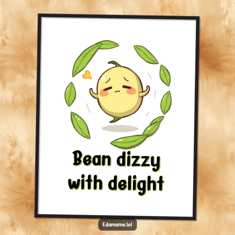Funny free printable wall art of a confused edamame pod caught mid-spin, creating a dizzying visual effect.