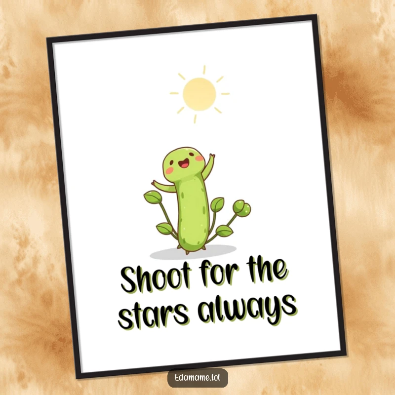 Funny Free Printable Wall Art of a happy edamame shoot joyfully stretching its leaves towards the bright sun.