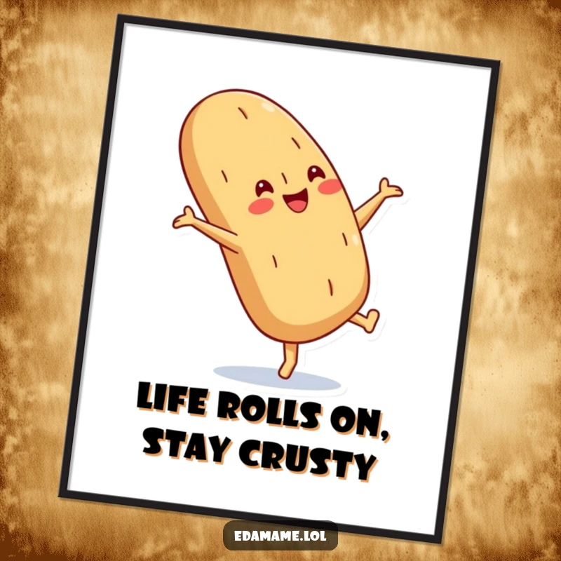 Funny Free Printable Wall Art: A happy baguette with a crusty smile is captured mid-cartwheel.