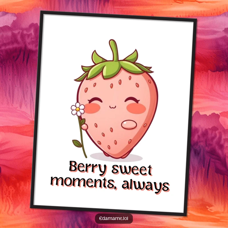 Funny Free Printable Wall Art: A blushing strawberry shyly offers a delicate flower, bringing cute and funny vibes to your decor.