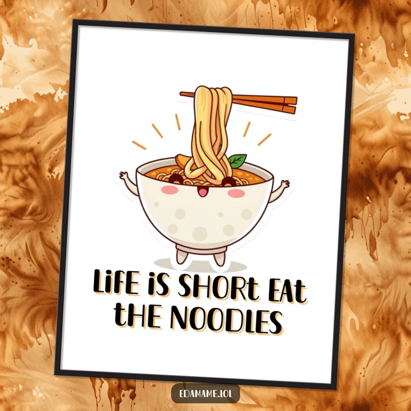 Funny Free Printable Wall Art depicting a beaming ramen bowl with animated, dancing noodles, a perfect kitchen or dining room decor.