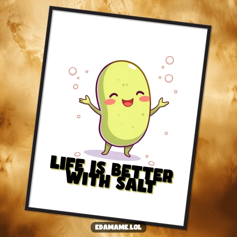 Funny Free Printable Wall Art: A cheerful edamame bean character gleefully juggling tiny salt crystals, adding a touch of whimsy.
