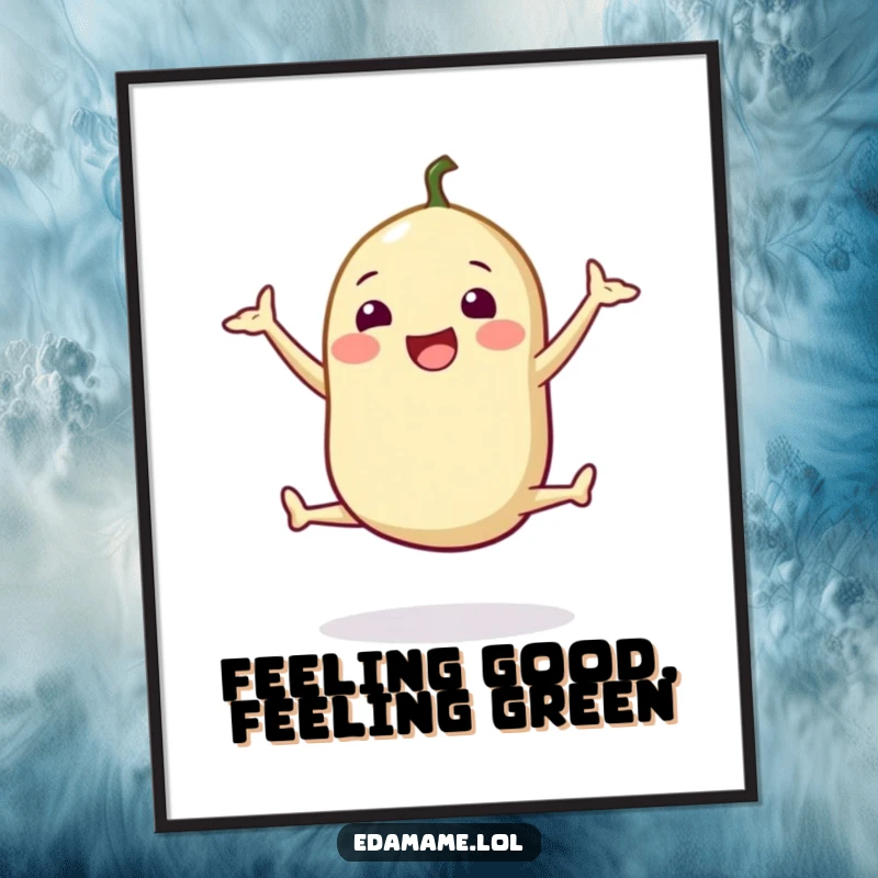 Funny Free Printable Wall Art: A happy edamame pod doing a cheerful split jump, adding joy to your decor.