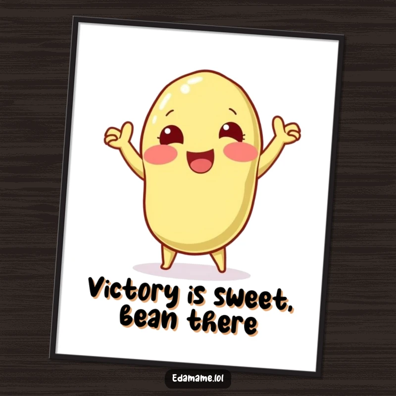 Funny Free Printable Wall Art: A happy edamame pod character in mid-victory dance, radiating pure, unadulterated joy and energy.