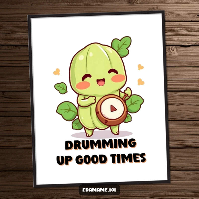 Funny Free Printable Wall Art showcasing a happy edamame character enthusiastically playing a tiny drum, bringing rhythm and joy.