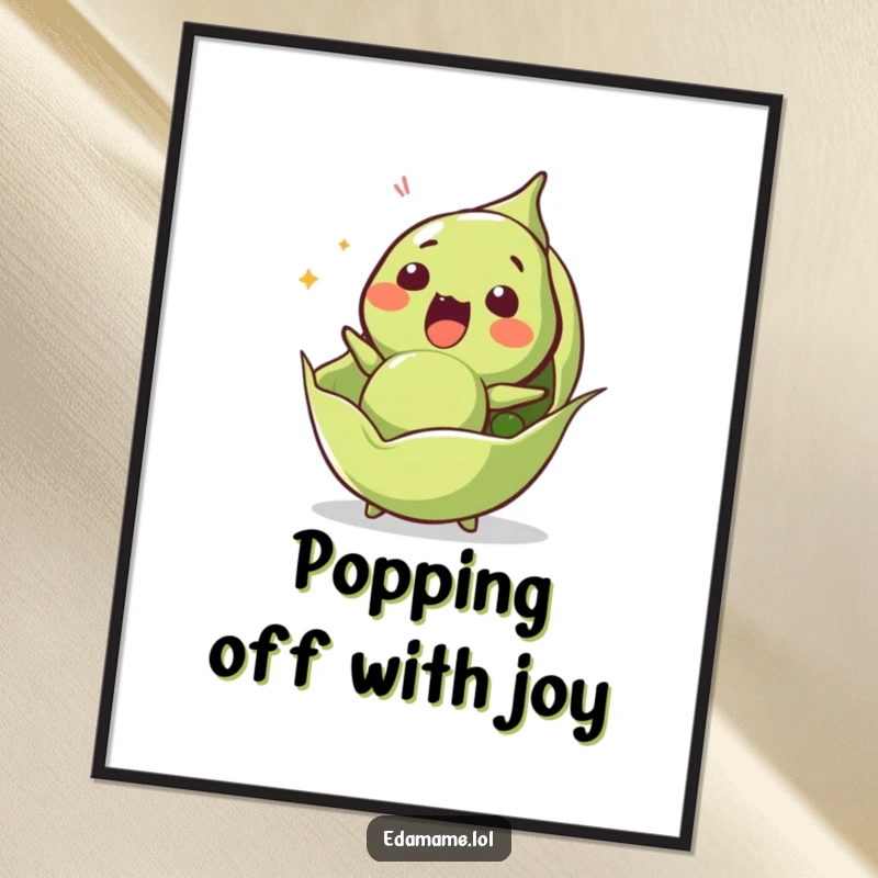 Funny Free Printable Wall Art capturing a surprised edamame bean comically airborne after being launched from its pod, bringing amusement.