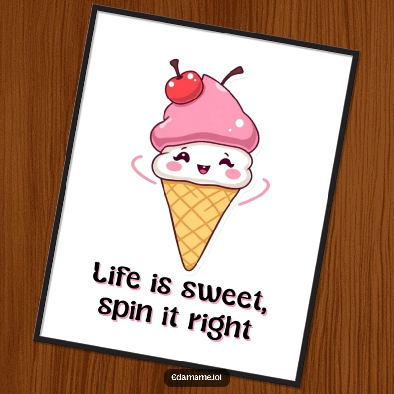 Funny Free Printable Wall Art: A whimsical ice cream cone with a cherry hat spinning playfully.