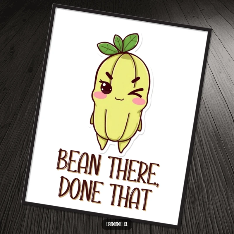 Funny Free Printable Wall Art showcasing a cheerful edamame character confidently giving a determined wink, adding personality to your decor.