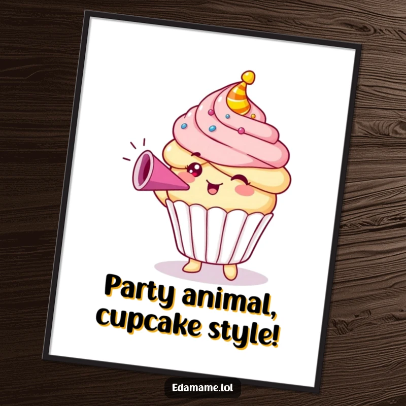 Free printable wall art depicting a happy cupcake character blowing a party horn, surrounded by festive confetti.