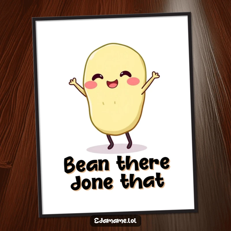 Funny Free Printable Wall Art of a smiling edamame with legs dancing joyfully, whimsical and humorous downloadable decor.