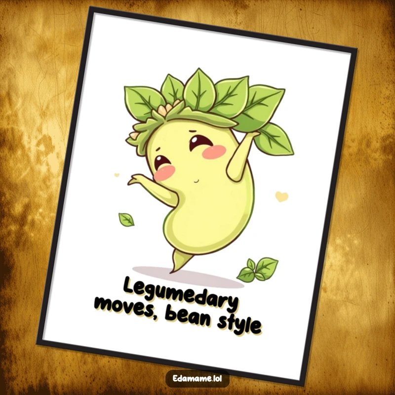 Funny Free Printable Wall Art: Edamame bean with leafy crown performs a dynamic somersault, adding playful energy to decor
