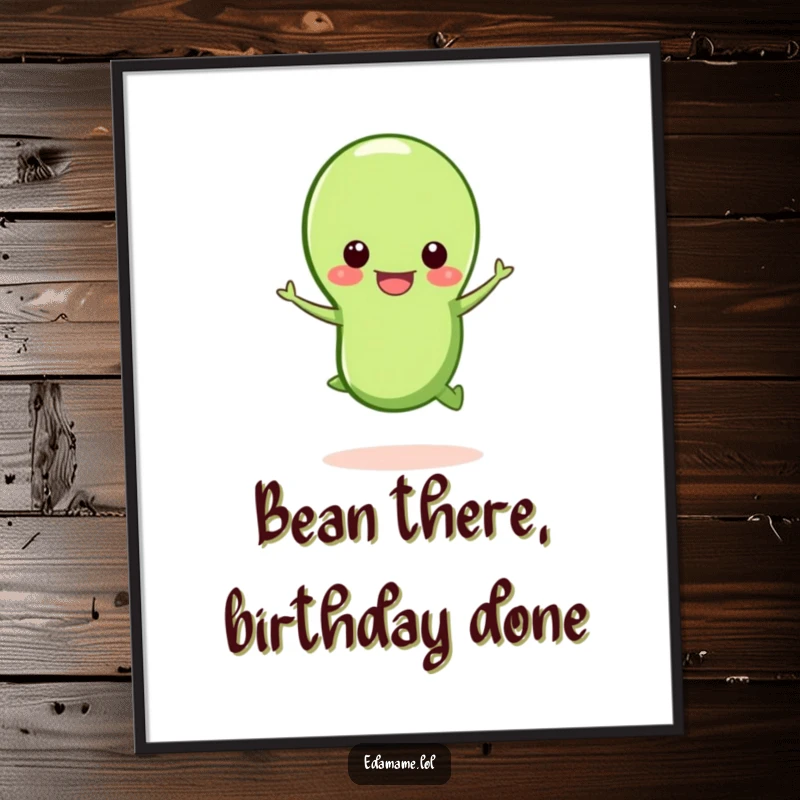 Funny Free Printable Wall Art: A happy edamame bean character leaping with excitement, its pod open, bringing joy.