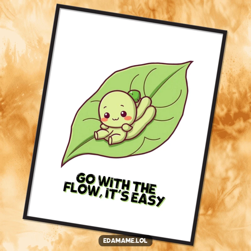 Funny Free Printable Wall Art: A cute cartoon edamame character happily sliding down a large, smooth green leaf.