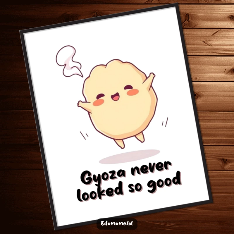 Funny Free Printable Wall Art: Playful gyoza character performs a cartwheel with energetic steam puffing out.