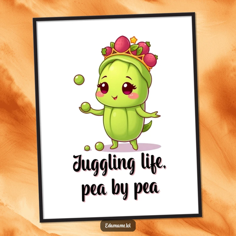 Funny Free Printable Wall Art: Edamame pod wearing berry tiara juggles peas, showcasing impressive skill and charm