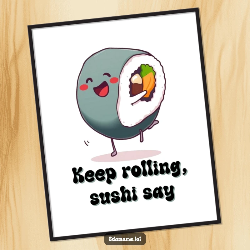 Funny Free Printable Wall Art of a delighted sushi roll performing an athletic cartwheel, adding a humorous touch to any room.