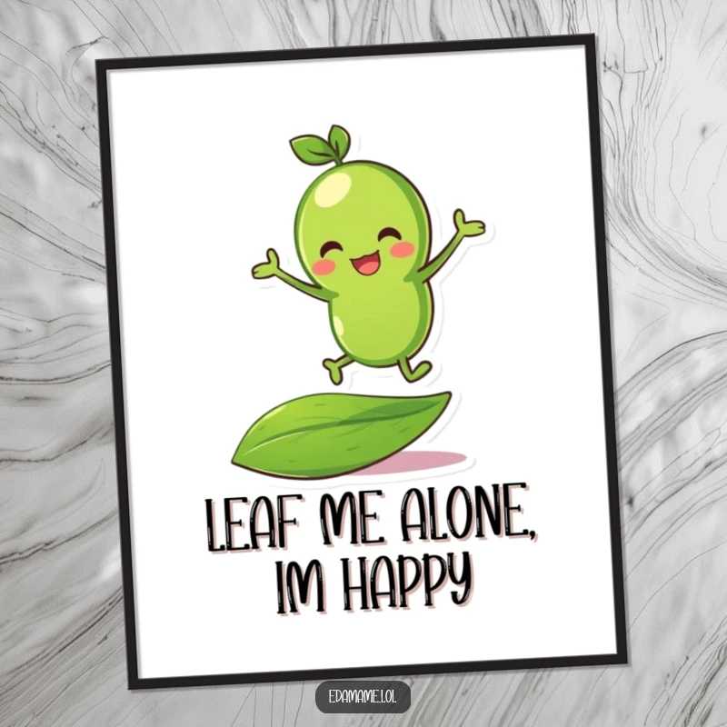 Funny Free Printable Wall Art: A cheerful green bean character energetically bouncing on a lush green leaf, full of life.