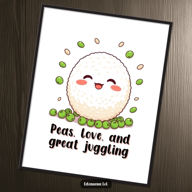 Funny Free Printable Wall Art: A cheerful rice ball is captured mid-juggle with tiny peas, adding whimsy to your decor.