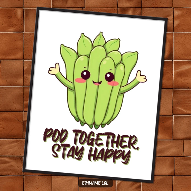 Funny Free Printable Wall Art of a cheerful edamame cluster with arms waving hello, friendly and humorous downloadable decor.