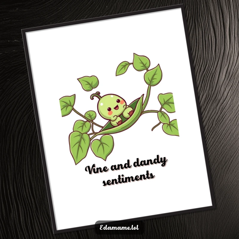 Funny Free Printable Wall Art depicting a whimsical pea pod sliding down a vibrant leafy vine, adding joy to any room.