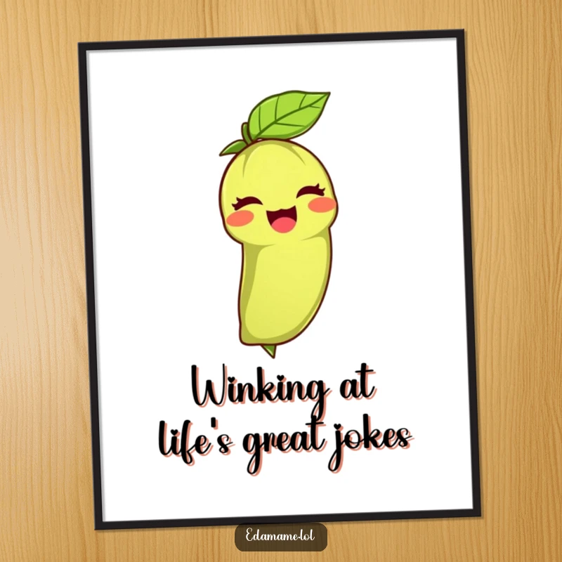 Funny Free Printable Wall Art: Edamame bean with leafy top giving a joyful wink, exuding happiness and charm