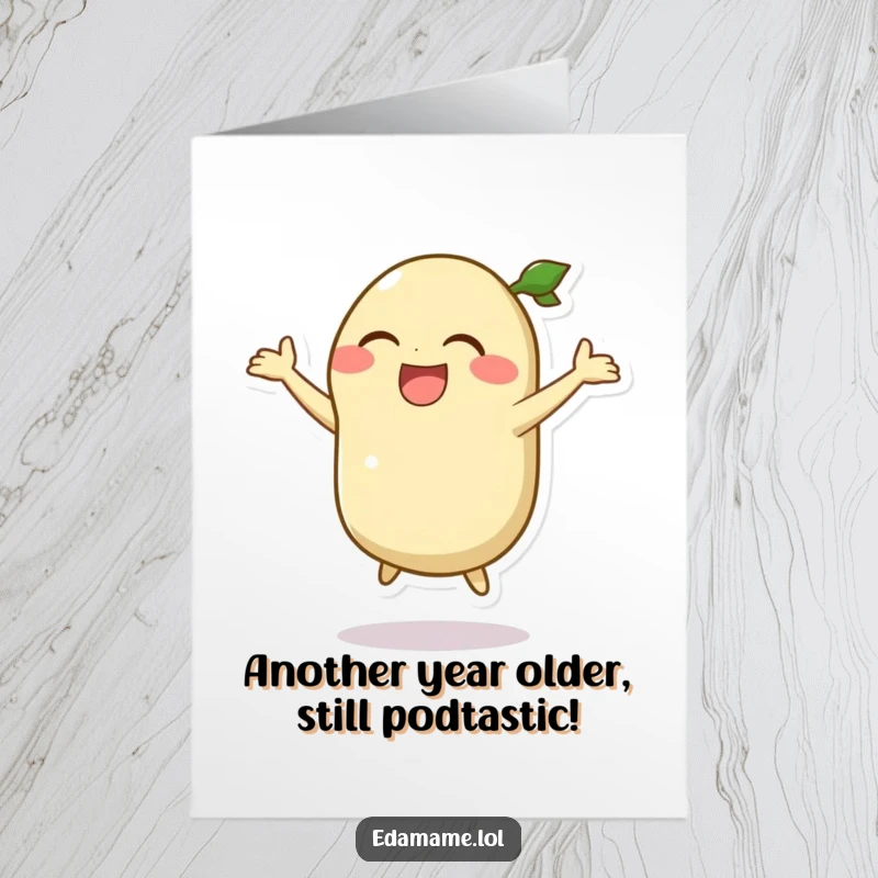 Funny Free Printable edamame pod character laughing hysterically while doing a goofy, joyous jump, celebrating a birthday.