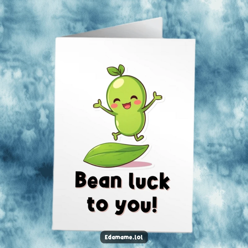 Funny Free Printable Birthday Card: A vibrant green bean character joyfully bouncing high on a large green leaf.