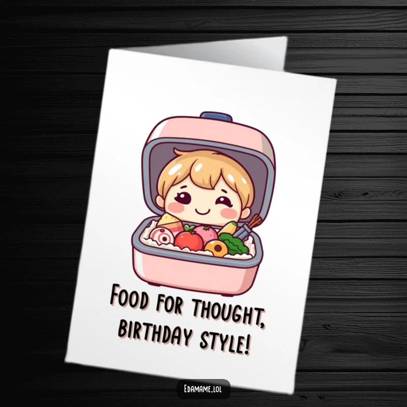 Funny Free Printable Bento Box Birthday Card, smiling character revealing tiny happy food, perfect for foodie celebrations.