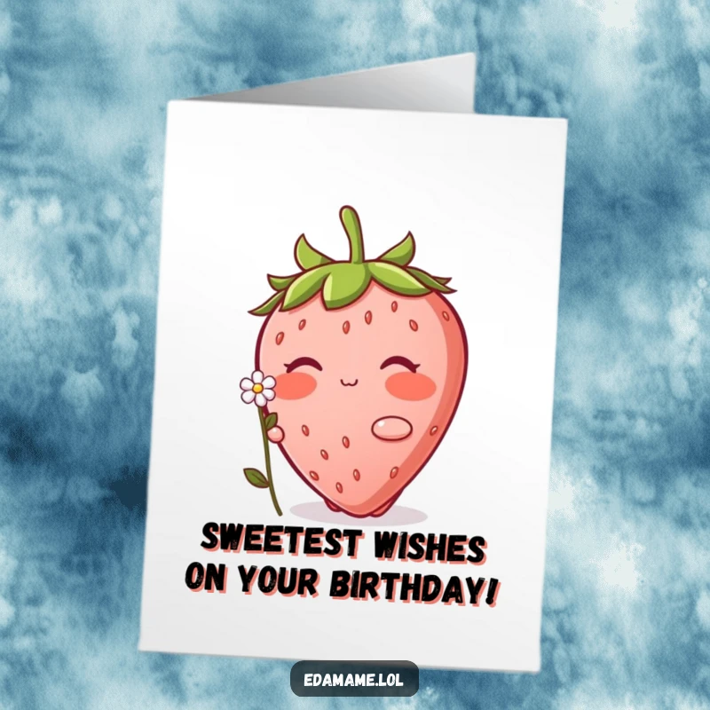 Funny Free Printable Birthday Card: A shy strawberry blushes while offering a tiny, delicate flower for your birthday.