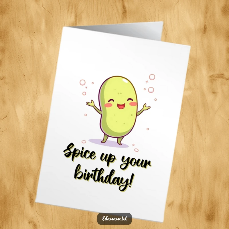 Funny Free Printable Birthday Card: Cheerful edamame bean character playfully juggling tiny salt crystals, celebrating a special day.