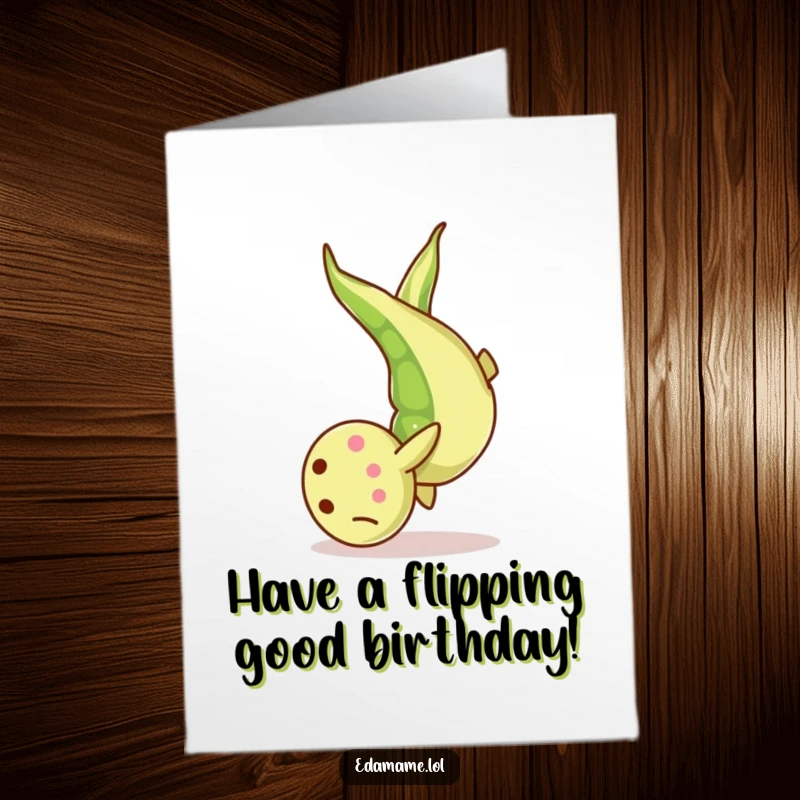 Funny Free Printable Birthday Card: A single edamame bean performing a dynamic somersault, full of playful energy.