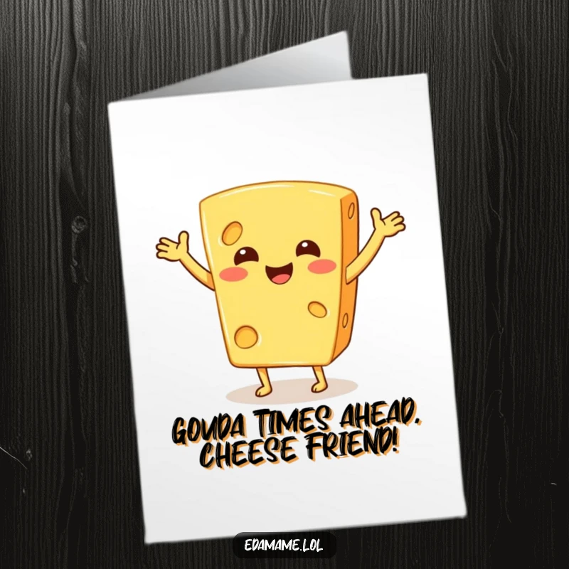 Funny Free Printable Birthday Card: A grinning cheese character doing a joyful, silly jig with its arms up, ready to party.
