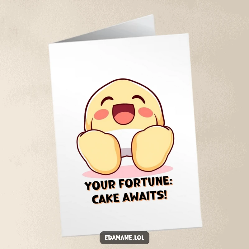 Funny Free Printable Birthday Card: A laughing fortune cookie cracks open wide with a comical expression.